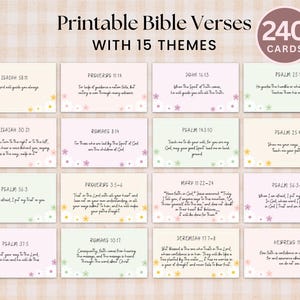 May include: A collection of 240 printable Bible verses on cards, each featuring a different theme. The cards have a soft, pastel color palette with floral accents. The text includes various Bible verses from different books.