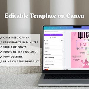 May include: A laptop displaying a Canva template for a birthday party invitation. The invitation design features pink and green colors with the text "WICK CELEBRATION" and "EMILY 10TH BIRTHDAY". Text on the left side highlights Canva features.