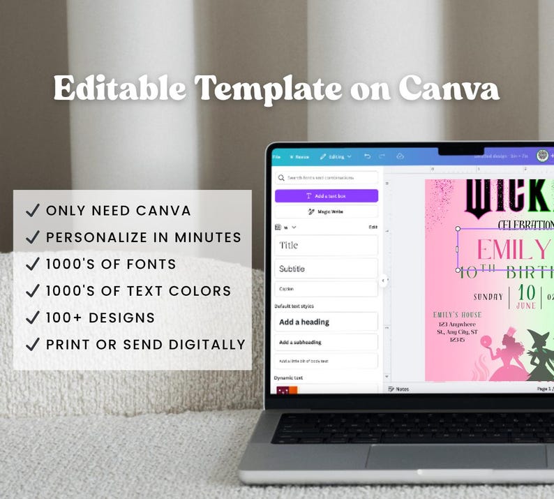 May include: A laptop displaying a Canva template for a birthday party invitation. The invitation design features pink and green colors with the text "WICK CELEBRATION" and "EMILY 10TH BIRTHDAY". Text on the left side highlights Canva features.