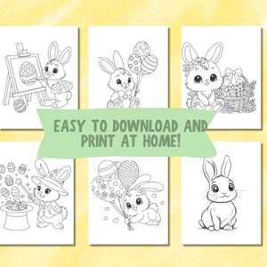 May include: A set of nine black and white coloring pages featuring cute bunnies celebrating Easter. The bunnies are holding Easter eggs, baskets, and balloons. The pages are easy to download and print at home. "Easy to download and print at home!" is written in a banner at the bottom of the image.