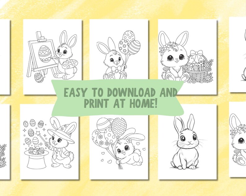 May include: A set of nine black and white coloring pages featuring cute bunnies celebrating Easter. The bunnies are holding Easter eggs, baskets, and balloons. The pages are easy to download and print at home. "Easy to download and print at home!" is written in a banner at the bottom of the image.