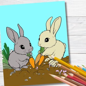 May include: Two cartoon bunnies, one gray and one white, are holding carrots in their paws. The bunnies are standing on a brown dirt patch with green grass and small plants.