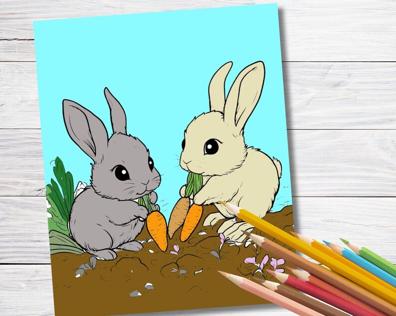 May include: Two cartoon bunnies, one gray and one white, are holding carrots in their paws. The bunnies are standing on a brown dirt patch with green grass and small plants.