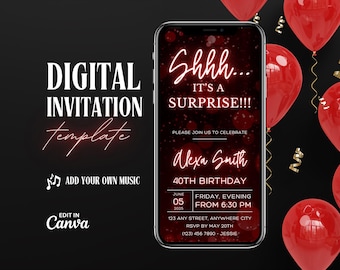 Surprise Birthday video invitation, Shhh it&#39;s a surprise invite, Red glitter invite, Surprise Digital invitation, animated template invite
