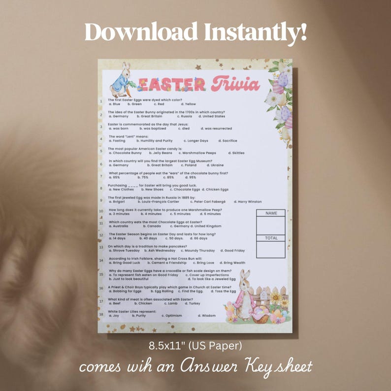May include: Printable Easter trivia game with a cute bunny rabbit illustration. The game features questions about Easter traditions, history, and fun facts.  Download instantly!  Comes with an answer key sheet.