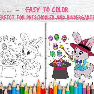 May include: A black and white coloring page featuring a bunny rabbit dressed as a magician holding a wand and a top hat with Easter eggs. The text "EASY TO COLOR PERFECT FOR PRESCHOOLER AND KINDERGARTEN" is at the top of the page.