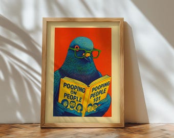 Funny Pigeon Reading Pooping on People, Downloadable Art Print, Funny Home Decor, Digital Bathroom Print, Trendy Bathroom Humor Art