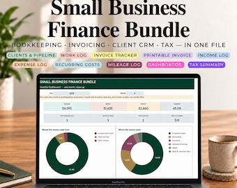 Small Business Finance Bundle Google Sheets, Bookkeeping Invoice Template, Service Business Expense Tracker, Client CRM Profit Loss
