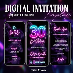 May include: Digital invitation template with a neon pink and blue 30th birthday design. The invitation includes details for the event, a thank you message, and a space to add your own music.