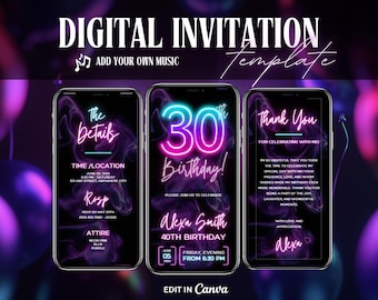 Digital 40th Birthday Invitation, Neon Pink Forty 40th video Invitation, Party Animated invitation, Message Text evite, 40th invitation