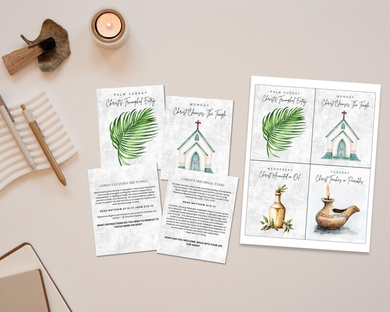 Pu&ograve; includere: Carte stampabili con illustrazioni ad acquerello che raffigurano scene della Passione di Cristo. Ogni carta presenta una scena diversa, tra cui l'ingresso trionfale di Cristo, Cristo che purifica il Tempio, Cristo unto con olio e Cristo che insegna in parabole. Le carte includono anche riferimenti biblici e spunti per la riflessione.