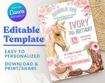 Bearbeitbare Cowgirl-Geburtstags-Einladungsvorlage, rosa Blumen-Geburtstags-Einladung, Mädchen-Pferde-Geburtstags-Einladung, Cowgirl-Party-Pferd einladen