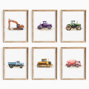 Watercolour Construction Trucks Prints, DIGITAL DOWNLOAD, Boy Room Wall Art, Playroom Truck Vehicles Posters, Construction Nursery Decor