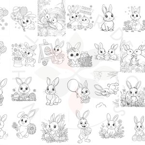 May include: A set of 20 black and white coloring pages featuring cute bunnies holding Easter eggs, baskets, and balloons. The pages are perfect for kids to color and celebrate Easter.