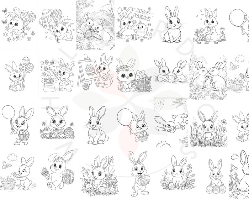 May include: A set of 20 black and white coloring pages featuring cute bunnies holding Easter eggs, baskets, and balloons. The pages are perfect for kids to color and celebrate Easter.