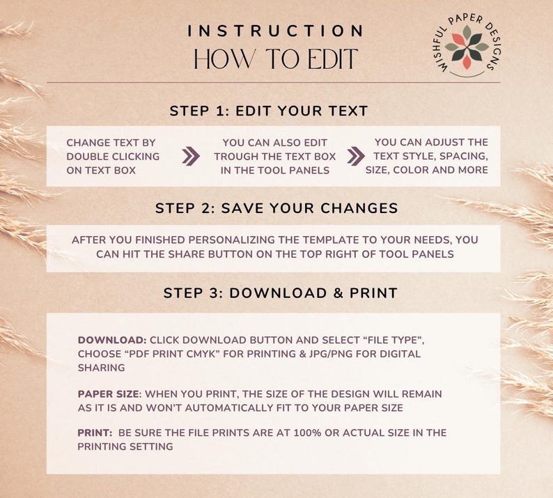 May include: Instructional guide with text on a beige background. The guide explains how to edit a template, save changes, and download and print the design. Includes steps for editing text, adjusting style, and selecting file type.