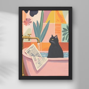 Bathroom Cat Reading Newspaper Wall Art Toilet Poster Print For Toilet Wall Art Print Vintage Cat Print Maximalist Wall Art Bathroom decor