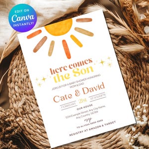 Editable Sunshine Baby Shower Invitation, Boho Sunshine Shower, Here Comes the Son Baby Shower Invite, Boy Sonshine Baby Shower