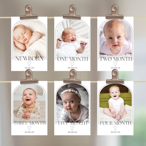 Plantilla de pancarta con foto para el primer cumpleaños, tarjetas editables para el primer año del bebé, guirnalda fotográfica moderna imprimible, descarga instantánea