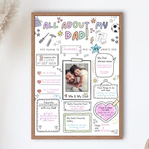 Alles over mijn vader Afdrukbare vragenlijst Vaderdag Vadercadeau van kinderen, vul het blanco werkblad in, doe-het-Vaderdag kleurkaart activiteit
