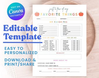 Teacher favorites list printable, Teacher wishlist, Few of my favorite things, Teacher questionnaire template, Teacher Survey Back to School