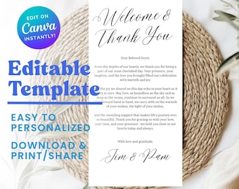 Minimalist Thank You Place Card Template, Thank You Napkin Note, Printable Thank You, Place Setting Thank You, Editable Canva, Wedding Table