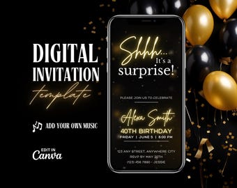 Shhh It&#39;s a Surprise Birthday video Invitation, Gold Glitter Digital Invitation, Surprise digital invitation template, editable invite