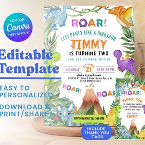 Editable Dinosaur Birthday Party Invitation Template, Dinosaur Birthday Invitation, Dinosaur thank you tag