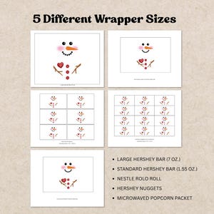 May include: A white background displays five different sizes of snowman-themed candy wrappers. The wrappers feature a snowman face with a carrot nose, black dot eyes, and a heart-shaped mouth. The text "5 Different Wrapper Sizes" is at the top.