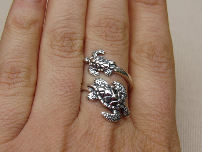 Antiqued Sterling Silver Sea Turtle Ring Adjustable Dual Etsy