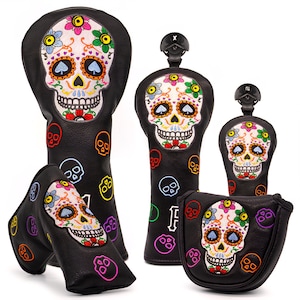 Juego de fundas para palos de golf con diseño de calaveras / Accesorios de golf del Día de los Muertos con bordado premium / Regalos elegantes para hombres y mujeres
