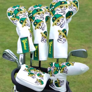 Elegante juego de fundas para palos de golf con forma de calavera. Diseños de primera calidad y costuras de calidad. Regalos de golf únicos para entusiastas.