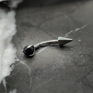 Black Agate + Spike Titanium Curved Piercing Barbell, Rook Cartilage Earring, Eyebrow Ring, Vertical Labret Lip Jewelry