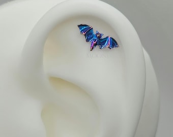 Titanium Bat Cartilage Piercing Jewelry. Anodized Halloween Flat Back Earring. Helix, Conch.