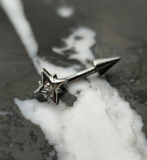 North Star + Spike Titanium Curved Piercing Barbell, Rook Cartilage Earring, Eyebrow Ring, Vertical Labret Lip Jewelry