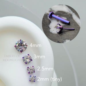 Titanium Threadless Crystal Labret Piercing Jewelry, Cartilage Earrings, Lip or Nose Stud, Blurple Anodized Implant Grade Flat Back