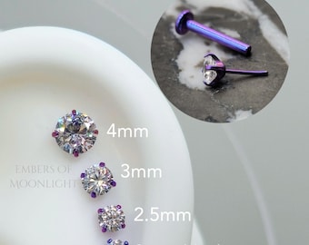 Titanium Threadless Crystal Labret Piercing Jewelry, Cartilage Earrings, Lip or Nose Stud, Blurple Anodized Implant Grade Flat Back