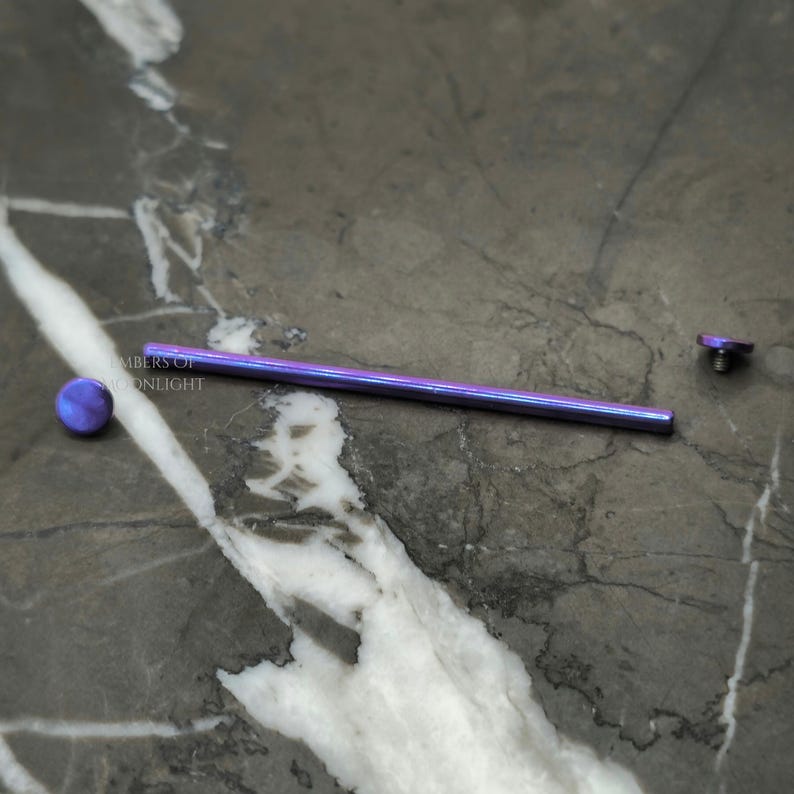 May include: A purple titanium barbell with two end balls. The barbell is about 3.5 inches long and the balls are about 5mm in diameter.