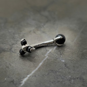 Trinity Black Agate Titanium Curved Piercing Barbell, Rook Cartilage Earring, Eyebrow Ring, Vertical Labret Lip Jewelry