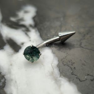 Titanium Moss Agate + Spike Curved Piercing Barbell, Rook Cartilage Earring, Eyebrow Ring, Vertical Labret Lip Jewelry, Natural Stone