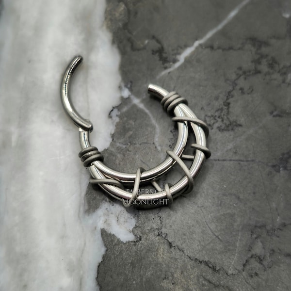 Banded Silver + Grey Hinged Septum Clicker Ring, Wire Banded Piercing Jewelry, Daith Cartilage Earring