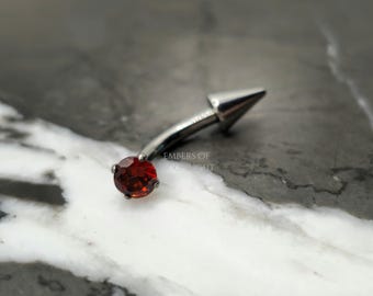 Titanium Red Zirconia + Spike Curved Piercing Barbell, Rook Cartilage Earring, Eyebrow Ring, Vertical Labret Lip Jewelry