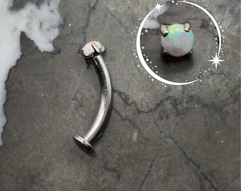 Tiny &quot;Floating&quot; Opal Rook Earring, Vertical Labret Lip Ring ASTM F 136 Titanium with Flat Back End, Minimalist Dainty Curved Barbell