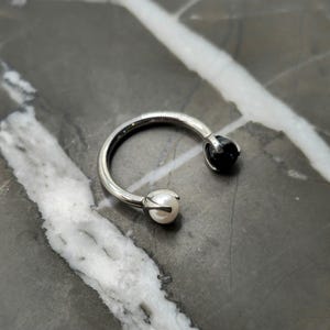 Black Onyx + White Pearl Septum Ring, Conch Earring Hoop, Horseshoe Cartilage Ring, Helix Tragus 16g ASTM F 136 Titanium