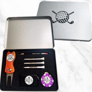 Personalized Golf Gift Box - Golf Ball Marker Set with Custom 3 in 1 Groove Cleaner/Tees/Pencil/Divot Tool Unique Gift for Men/Dad/Wedding