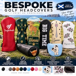 Könnte beinhalten: Eine Sammlung maßgeschneiderter Golfschlägerhauben mit verschiedenen Designs, darunter eine rote Hülle mit Sugarbush-Text, eine grüne mit Pfotenabdrücken, eine Hundeillustration, eine schwarze mit Big Time-Text, eine cremefarbene mit Löffel und eine weiße mit Blumen.