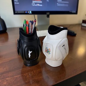 Personalised Golf Bag Desk Organiser & Pen Holder – Custom Logo or Name – Golf Gift – Black or White