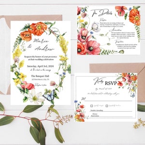 Floral Wedding Invitation Bundle, Wildflower Bundle, Large wedding bundle, Simple Wedding Suite, Summer Flower Invite, DIY Wedding Bundle