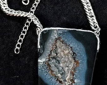 Black, blue, Agate Galaxy Portal On large Stainless Miami cuban link chain Hand made Silver over Copper.
