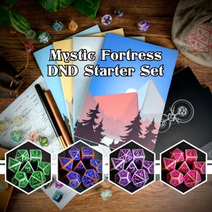 May include: A set of three different colored Dungeons and Dragons dice sets. Each set has seven dice, with a variety of colors and patterns. The dice are arranged in a circle on a wooden surface. The image also includes a stack of notebooks with the text "Mystic Fortress DND Starter Set".